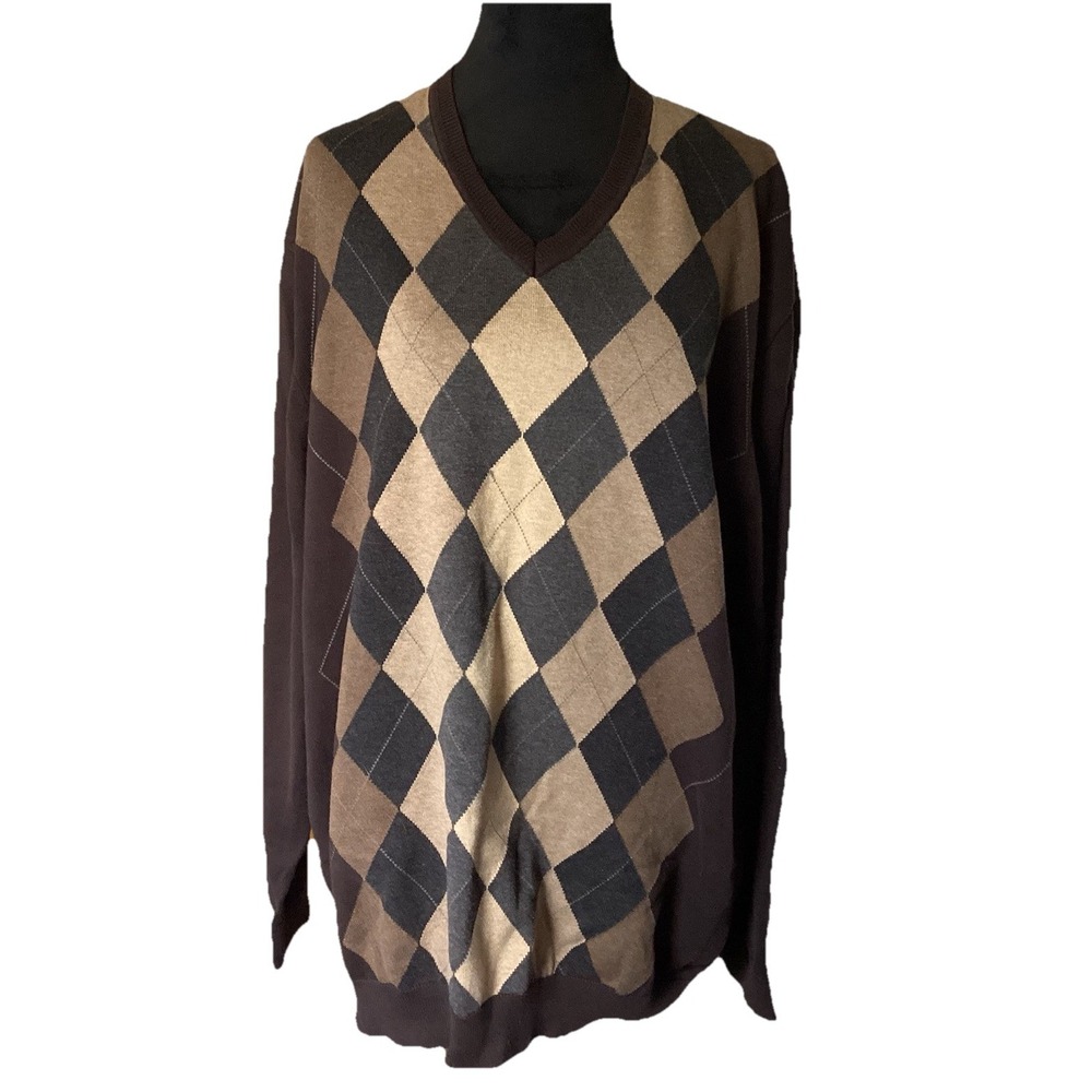 Liz Claiborne Argyle Diamond Knit Long Sleeve Pullover Sweater Men's XL Brown
